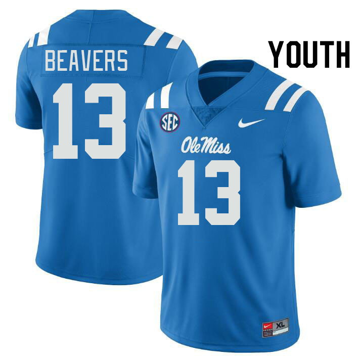 Youth #13 Cedrick Beavers Ole Miss Rebels College Football Jerseys Stitched-Power Blue